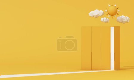Foto de Interior design concept Sale of home decorations and furniture During promotions and discounts, it is surrounded by sun and cloud rmchairs and advertising spaces banner. pastel background. 3d render - Imagen libre de derechos