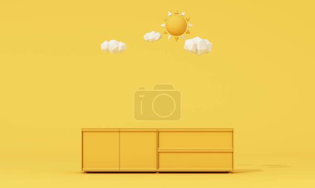 Téléchargez les photos : Interior design concept Sale of home decorations and furniture During promotions and discounts, it is surrounded by sun and cloud rmchairs and advertising spaces banner. pastel background. 3d render - en image libre de droit