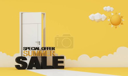 Photo for 3d render, white clouds going through, flying out the open door, objects isolated on bright yellow background. Abstract metaphor, modern minimal concept. Surreal dream scene. Summer sales. - Royalty Free Image