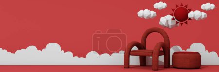Photo for Interior design concept Sale of home decorations and furniture During promotions and discounts, it is surrounded by sun and cloud rmchairs and advertising spaces banner. pastel background. 3d render - Royalty Free Image