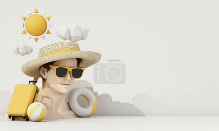 Foto de Modelo de un rostro masculino sano con sombrero y gafas de sol en el concepto de viaje de verano y el mar sobre un fondo blanco, estilo de dibujos animados. renderizado 3d - Imagen libre de derechos