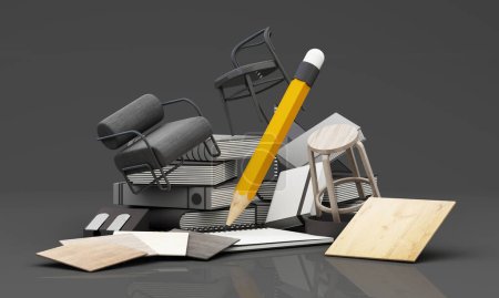 Photo for Concept of furniture design Marketing and sales with discounts and promotions furniture work with designer's sketching equipment With a content area, cartoon style, black background. 3d rendering - Royalty Free Image
