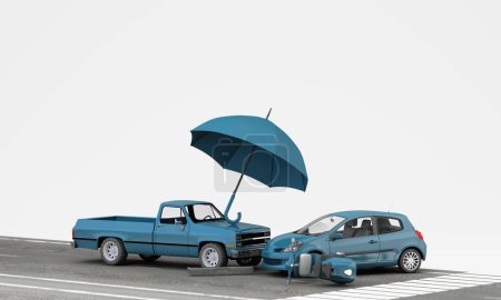 Foto de Protección del coche y el concepto de garantía de seguridad, diseño de banner web de seguros de coche. coche pequeño automóvil azul bajo el paraguas azul aislado sobre fondo blanco. estilo de dibujos animados. renderizado 3d - Imagen libre de derechos