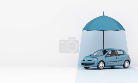 Foto de Protección del coche y el concepto de garantía de seguridad, diseño de banner web de seguros de coche. pequeño hatchback automóvil azul bajo el paraguas azul aislado sobre fondo blanco. estilo de dibujos animados. renderizado 3d - Imagen libre de derechos