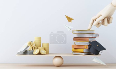 Photo for Graduation cost or expensive education or scholarship loan. money with stack of books and cap or hat, idea of tuition budget or college, university learning fee, profit or earnings. 3d rendering - Royalty Free Image