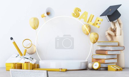 Photo for Back to school sale banner money with stack of books and cap or hat and sale yellow text and podium product stand in white background for education school shopping promotion. 3d render illustration. - Royalty Free Image