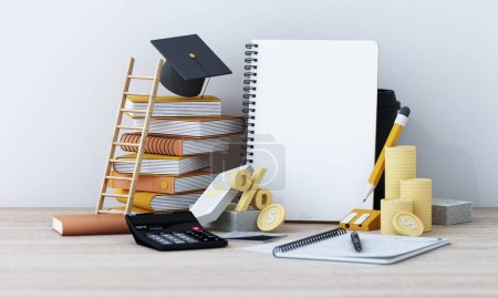 Photo for Graduation cost or expensive education or scholarship loan. money with stack of books and cap or hat, idea of tuition budget or college, university learning fee, profit or earnings. 3d rendering - Royalty Free Image