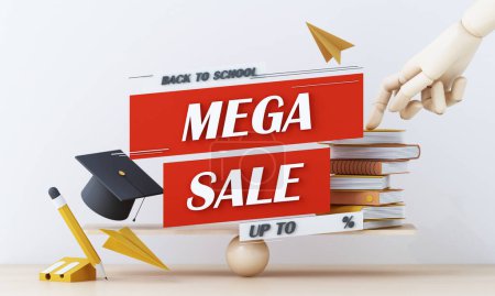 Photo for Back to school sale banner money with stack of books and cap or hat and sale red text and podium product stand in white background for education school shopping promotion. 3d render illustration. - Royalty Free Image
