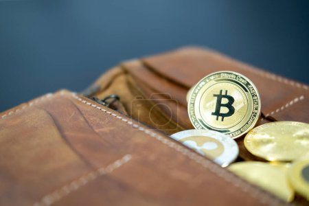 Photo for Hand holding cryptocurrency coins on wallet. Bitcoin on wood desk table background. Virtual cryptocurrency concept. digital for defi decentralized financial banking p2p exchange investment technology - Royalty Free Image