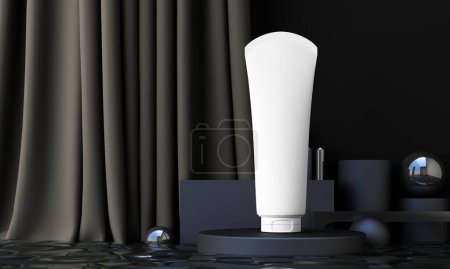 Photo for Beauty spa medical skincare and cosmetic lotion white bottle cream packaging product on black decor background on water liquid with summer fresh concept surrounding by geometric shape 3d rendering - Royalty Free Image