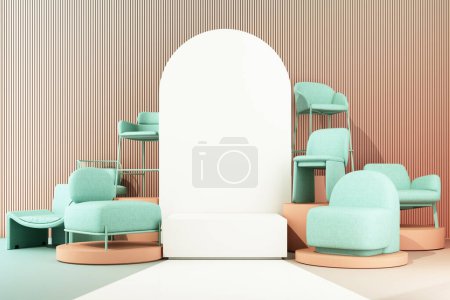 Téléchargez les photos : Design d'intérieur concept de décoration d'intérieur et de mobilier Pendant les promotions et les réductions, entouré de chaise, canapé, fauteuil et espaces publicitaires. Pastel arc-en-ciel fond de couleur. 3d rendu - en image libre de droit