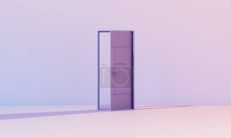 Photo for 3d render, white clouds going through, flying out the open door, objects isolated on bright pastel rainbow background. Abstract metaphor, modern minimal concept. Surreal dream scene. - Royalty Free Image