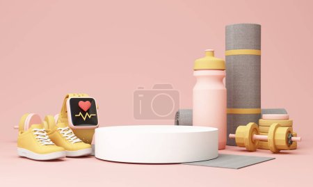 Photo for Illustration smart watch. sport fitness equipment, podium product stand, yoga mat, bottle of water, dumbbells, weights, with Fitness shoes and isolate on pastel background. 3d rendering Be Healthy. - Royalty Free Image