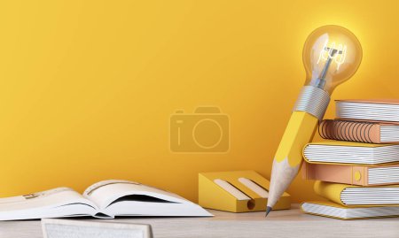 Téléchargez les photos : Ampoule aux rayons lumineux, avec apprentissage du livre, style dessin animé, papeterie, symbole de créativité, concept de gribouillis, innovation, inspiration, invention et idée, rendu 3D sur fond jaune - en image libre de droit