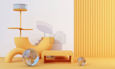 Foto de 3d representación realista primitivas composición. formas geométricas en movimiento sobre fondo. Tema abstracto para diseños de moda. Esferas, toros, tubos, tono amarillo rojo y gris. - Imagen libre de derechos