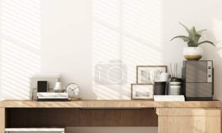 Photo for Side view of desk consisting of stationary equipment and technological equipment with green plant pots in corner of work from home or freelance workspace on wooden table and white wall 3d render - Royalty Free Image