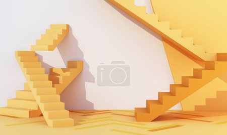 Photo for 3d rendering realistic primitives composition. geometric shapes in motion on background. Abstract theme for trendy designs. Spheres, torus, tubes and stair, yellow tone. - Royalty Free Image