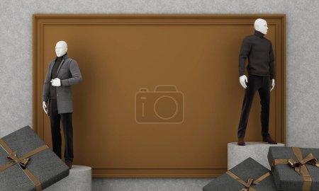 Téléchargez les photos : Marketing pour les produits pour hommes dans un style moderne et luxueux sur un fond de chocolat noir avec de l'espace pour insérer des publicités ou des promotions de vente et des mannequins pour chemises de mode pour hommes. 3d rendu - en image libre de droit