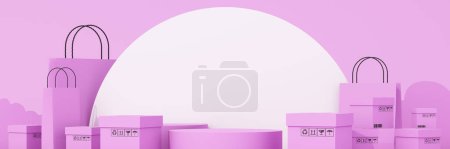 Foto de Concepto de compras en línea en el stand para la presentación del producto Rodeado de bolsas de compras, caja de envío, sobre un fondo multicolor pastel. renderizado 3d - Imagen libre de derechos