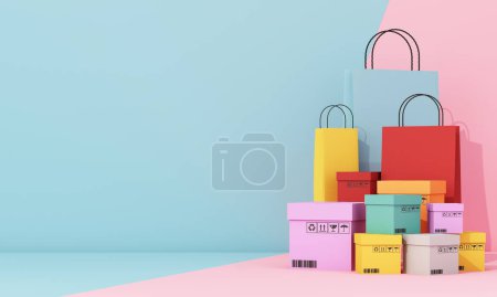 Foto de Concepto de compras en línea en el stand para la presentación del producto Rodeado de bolsas de compras, caja de envío, sobre un fondo multicolor pastel. renderizado 3d - Imagen libre de derechos