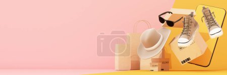Photo for Online shopping concept on the stand for product presentation surrounded by shopping bags and boxes and smartphone, sneakers, hats and sunglasses for men on a pastel yellow background. 3d rendering - Royalty Free Image