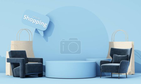 Photo for Online shopping concept furniture surrounded by sofas, armchairs and fabric chairs, promotion sales for furniture, with shopping bag and shipping box on pastel background. 3d rendering - Royalty Free Image