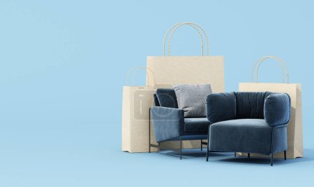 Foto de Concepto de compras en línea muebles rodeados de sofás, sillones y sillas de tela, ventas de promoción para muebles, con bolsa de compras y caja de envío sobre fondo pastel. renderizado 3d - Imagen libre de derechos