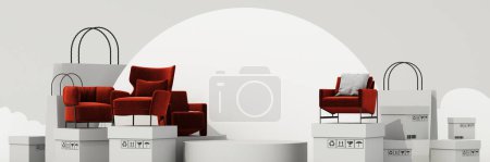 Foto de Concepto de compras en línea muebles rodeados de sofás, sillones y sillas de tela, ventas de promoción para muebles, con bolsa de compras y caja de envío sobre fondo pastel. renderizado 3d - Imagen libre de derechos