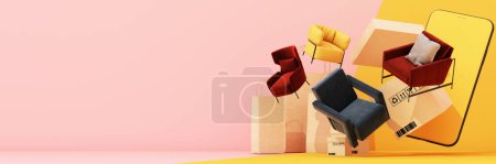 Téléchargez les photos : Concept de shopping en ligne meubles entourés de canapés, fauteuils et chaises en tissu, les ventes de promotion pour les meubles, avec sac à provisions et boîte d'expédition sur fond pastel. Rendu 3d - en image libre de droit