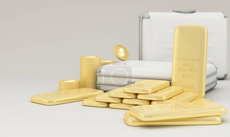 Téléchargez les photos : Concept d'économie d'or et d'investissement dans les lingots d'or ou crypto-monnaies. Prévenir l'inflation, la richesse et la planification financière. Entouré de lingots d'or et de sacs d'affaires sur fond blanc. 3d rendu - en image libre de droit