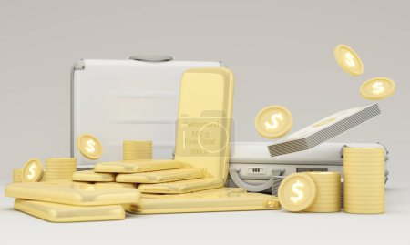 Téléchargez les photos : Concept d'économie d'or et d'investissement dans les lingots d'or ou crypto-monnaies. Prévenir l'inflation, la richesse et la planification financière. Entouré de lingots d'or et de sacs d'affaires sur fond blanc. 3d rendu - en image libre de droit