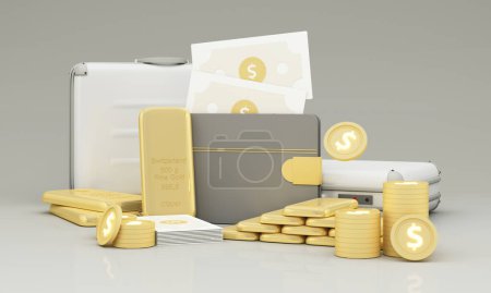 Téléchargez les photos : Concept d'économie d'or et d'investissement dans les lingots d'or ou crypto-monnaies. Prévenir l'inflation, la richesse et la planification financière. Entouré de lingots d'or et de sacs d'affaires avec portefeuille d'argent. Rendu 3d - en image libre de droit