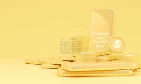 Téléchargez les photos : Concept d'économie d'or et d'investissement dans les lingots d'or ou crypto-monnaies. Prévenir l'inflation, la richesse et la planification financière. Entouré de lingots d'or et de sacs d'affaires sur fond jaune. 3d rendu - en image libre de droit