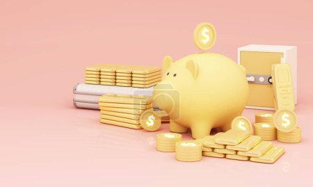 Photo for Concept of saving gold and investing in gold bars or cryptocurrencies. To prevent inflation, wealth and financial planning. Surrounded by gold bars and business bags with yellow piggy bank. 3d render - Royalty Free Image