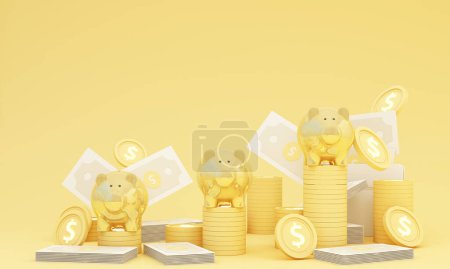 Photo for Money Piggy bank creative business concept. Realistic 3d render. Pastel pig keeps gold coins and currency. Safe finance investment. Financial services. money for real estate investments and loans - Royalty Free Image