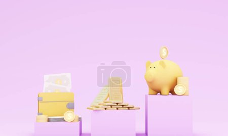 Photo for Money Piggy bank creative business concept. Realistic 3d render. Pastel pig keeps gold coins and currency. Safe finance investment. Financial services. money for real estate investments and loans - Royalty Free Image