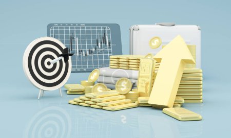 Photo for Financial and wealth concept, investment for accumulation and savings in gold bars and digital gold, surrounded by graphs and analysis of gold prices. on blue pastel background. 3d rendering - Royalty Free Image