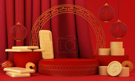 Téléchargez les photos : Bonne année chinoise 2023-2024. Bannière chinoise de nouvel an avec cercle pour le produit de spectacle. Carte de vœux. Chine cadre avec lanterne sur fond rouge. lingots d'or et bénédictions financières. Rendu 3d - en image libre de droit