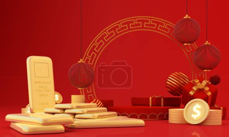 Téléchargez les photos : Bonne année chinoise 2023-2024. Bannière chinoise de nouvel an avec cercle pour le produit de spectacle. Carte de vœux. Chine cadre avec lanterne sur fond rouge. lingots d'or et bénédictions financières. Rendu 3d - en image libre de droit