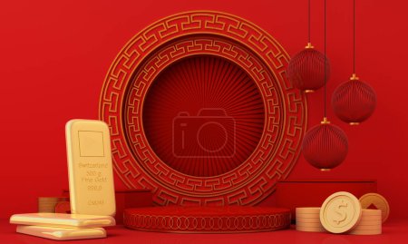 Foto de Feliz año nuevo chino 2023-2024. Banner de año nuevo chino con círculo para mostrar el producto. Tarjeta de felicitación. Marco de China con linterna sobre fondo rojo. barras de oro y bendiciones financieras. renderizado 3d - Imagen libre de derechos