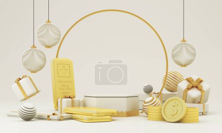 Photo for Happy Chinese new year 2023-2024. Chinese new year banner with circle for show product. Greeting card. China frame with lantern on white background. gold bars and financial blessings. 3d rendering - Royalty Free Image