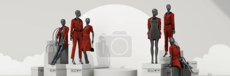 Téléchargez les photos : Concept d'achat en ligne et des rabais promotionnels en face de l'affichage du magasin Vêtements et de la mode rouge des femmes Entouré de mannequins et sacs à provisions sur fond blanc. Rendu 3d - en image libre de droit