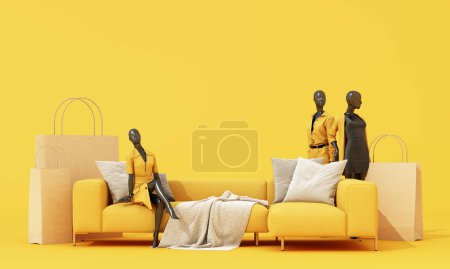 Photo for Online shopping concept and promotional discounts in front of the store display Women's clothing and fashion Surrounded by mannequins, shopping on sofa with yellow background. 3d rendering - Royalty Free Image