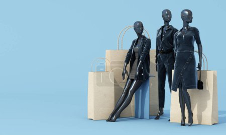 Foto de Concepto de compras en línea y descuentos promocionales en frente de la pantalla de la tienda Ropa y moda de mujer Rodeado de maniquíes y bolsas de compras sobre fondo azul. Ilustración de representación 3d - Imagen libre de derechos