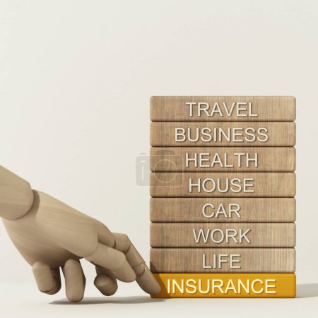 Foto de Model wooden hand moving wooden stick with text in concept of life insurance and security future financial plans and stability. 3d rendering - Imagen libre de derechos