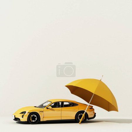 Photo for Car protection and safety assurance concept, car insurance web banner design. small yellow automobile hatchback under the yellow umbrella isolated on white background. cartoon style. 3d rendering - Royalty Free Image