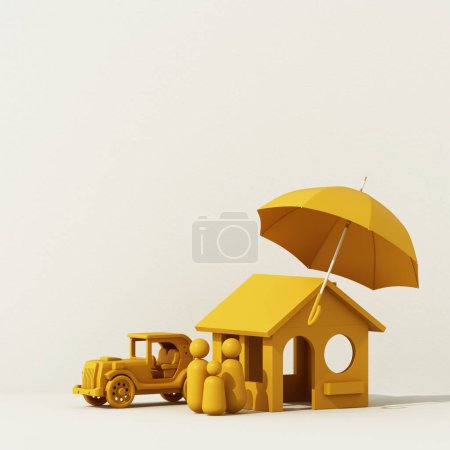 Téléchargez les photos : Model of a wooden house and a car with a on wood podium in the concept of real estate insurance and family financial future planning On a white background, cartoon style. 3D rendering. - en image libre de droit