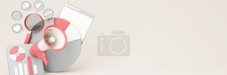 Photo for Hand holds a megaphone from a hole in the wall on a gray background. Concept of hiring, advertising something. Banner. 3d rendering - Royalty Free Image