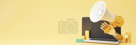 Photo for Hand holds a megaphone from a hole in the wall on a yellow background. Concept of hiring, advertising something. Banner. 3d rendering - Royalty Free Image