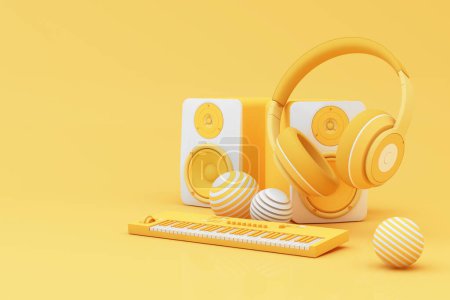 Photo for Headphones and smartphone with music notes floating on yellow background surrounded by Speaker with musical instruments. concept of fun song or music festival. 3d render illustration cartoon style - Royalty Free Image